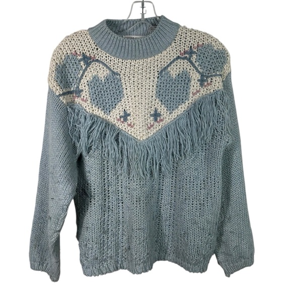 Allison Brittney Sweaters - Vintage 80s Knitted By Hand Allison Brittney Blue Heart Design Fringe Sweater S